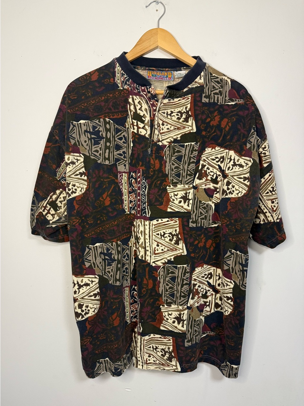 Vintage Patchwork Print Shirt in Cream, Black & Burgundy Abstract Rave